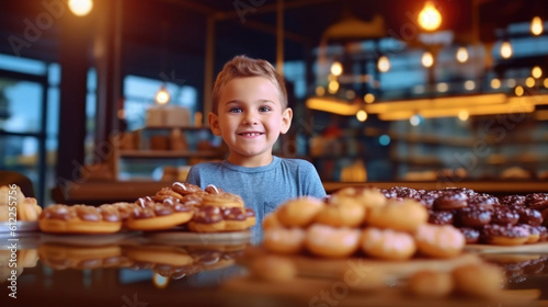 Cute boy 5 years old with a donuts on blur cafe background