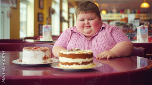Fat boy 10 years old with a cake on blur cafe background