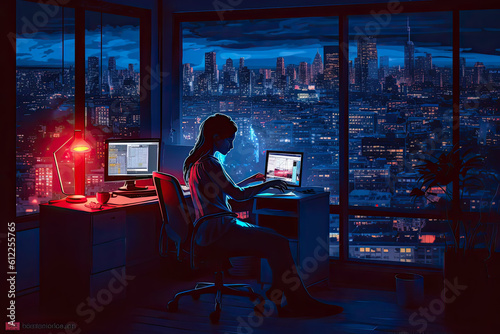 Young woman alone working at home with her laptop. Remote work concept illustration. Generative AI