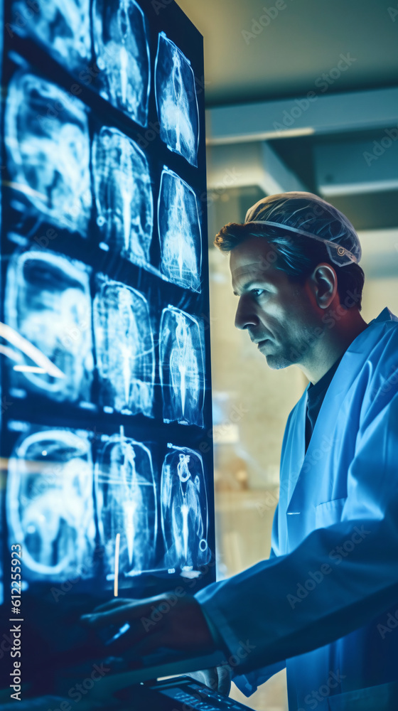 A Doctor Examining An X Ray Image With A Lightbox In A Radiology Room