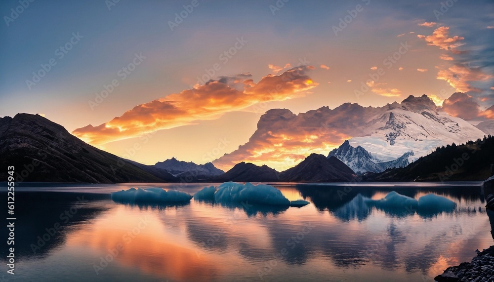 a beatiful sunset with mountains in the background and a lake with glacier water in the foreground , Generative AI