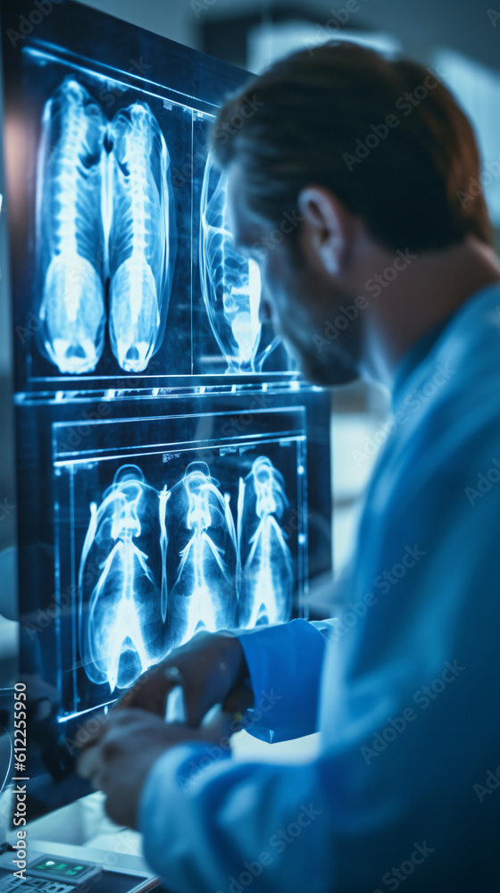 A doctor examining an xray image with a lightbox in a radiology room