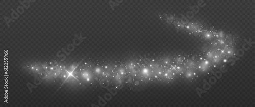 Magic silver wave. Sparkling dust particles. Luxury shiny trail of white particles. Glowing circle trail.