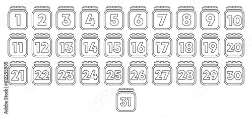Set of 30 day calendar. Every day calendar icon outline. Vector illustration