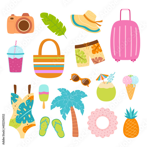 summer travel set of cartoon beach elements
