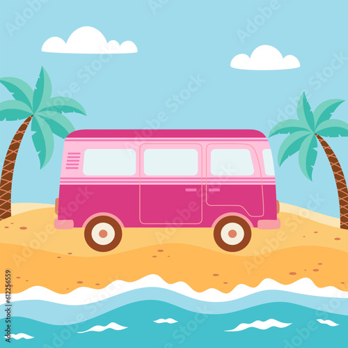 cartoon vector illustration with retro travel van