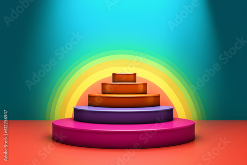 Multicolor stairs step podium with yellow and green rainbow background template for product display in Pride Month created with Generative AI
