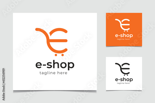 E-Shop and Ecommerce logo design vector template with setting icon.