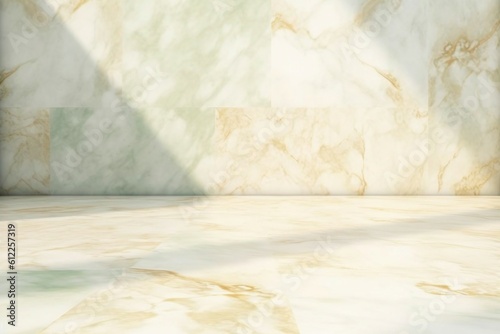 金色と淡い緑色のマーブル模様の壁と床がある明るい抽象テンプレート。AI生成画像