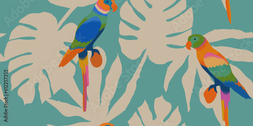 Abstract artistic print with various leaves and parrots. Modern hand drawn collage contemporary seamless pattern. 