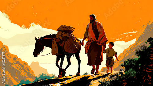 Colorful painting art portrait of Abraham hiking up a mountain with his son Isaac. photo