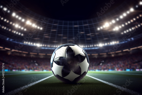 close up of a soccer ball in the center of the stadium illuminated by the headlights, generative ai © MUS_GRAPHIC