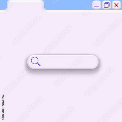 Search bar and system on an open 3d browser website page in light style. Vector illustration of a search renderer with a magnifying glass and an online site page