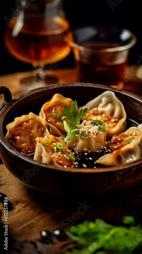 hoisin sauce in a small bowl surrounded by Chinese dumplings