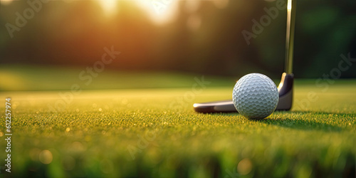 Golf ball and club on grass. Generative AI