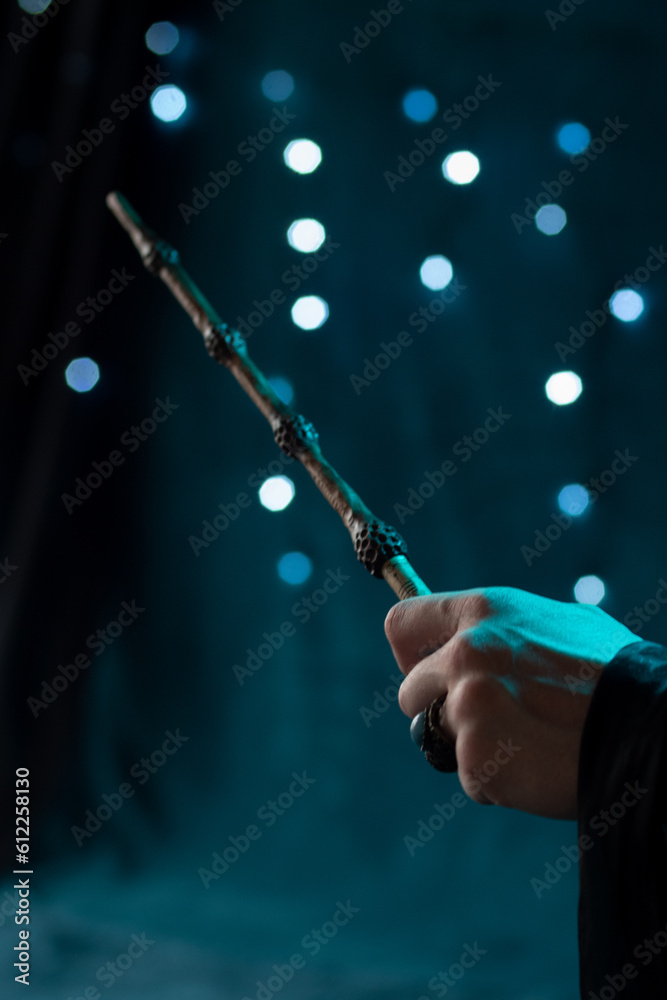 Obraz premium The magician's hand holds a magic elder wand