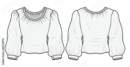 U-Neck Gathered Bishop Sleeve Top  Front and Back View. Fashion Illustration, Vector, CAD, Technical Drawing, Flat Drawing, Template, Mockup.