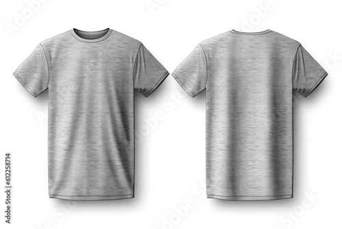 Grey male t-shirt realistic mockup set from front and back view, blank textile print design template for fashion apparel. Created with Generative AI Technology