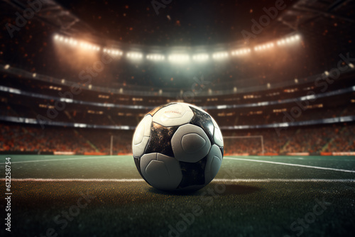 close up of a soccer ball in the center of the stadium illuminated by the headlights  generative ai