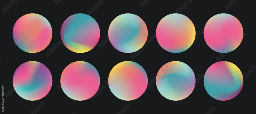 Vector gradient circles. Trendy modern vivid color set for website, UI and UX design, social media templates. Round holographic gradient buttons pack. Soft futuristic vibrant buttons, highlight covers