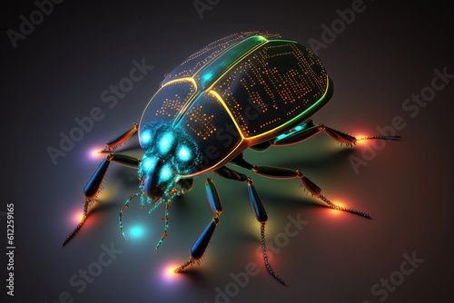 Electronic bug on circuit. Computer virus concept. Spy bug. Generative AI. © Klemenso