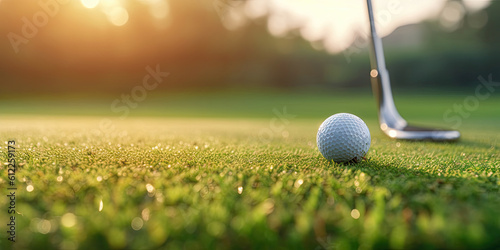 Golf ball and club on grass. Generative AI
