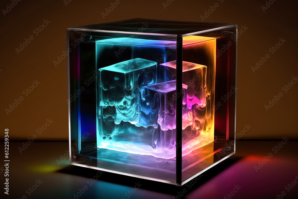 Glass cube stand. Glass material. Cube shape. Geometric. Generative AI Glass cube stand. Glass material. Cube shape. Geometric. Generative AI
