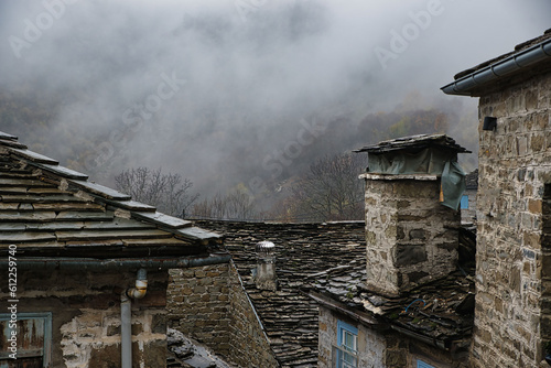 Tsepelovo village, one of the most famous in zagorochoria on a beautiful winter rainy day, Ioannina, Epirus, Greece