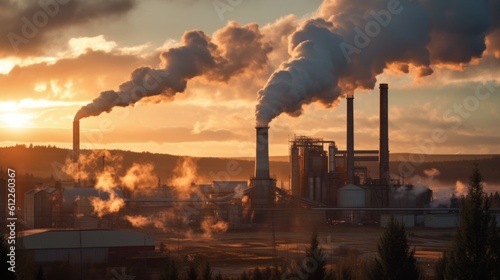 Industrial chimneys in the evening light, industry, global warming, toxic air.Generated with AI.