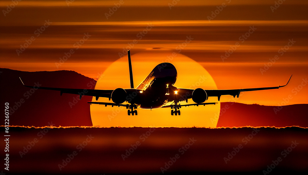 Naklejka premium a commercial airplane taking off against the backdrop of a vibrant sunset. glorious warm colors of the sunset.