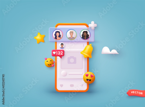 Social media app, online social communication applications concept. 3D Web Vector Illustrations.