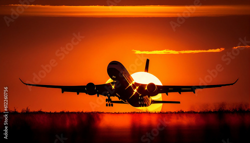  a commercial airplane taking off against the backdrop of a vibrant sunset. glorious warm colors of the sunset.