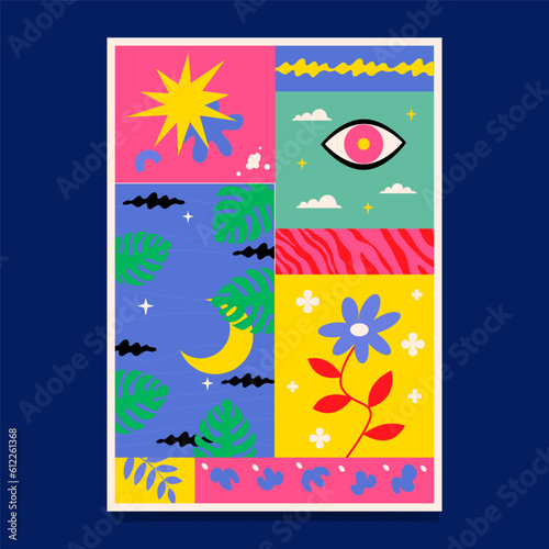 A poster in the form of a kitsch collage with bright primitive patterns and doodles.