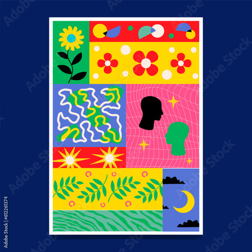 A colorful kitschy poster in the form of a collage with simple patterns and doodles.