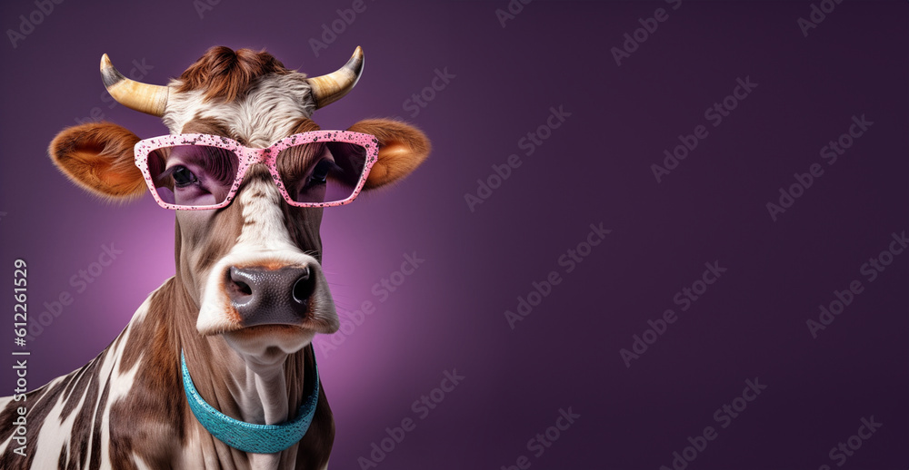 Cow wearing sunglasses in front of a blue background, surreal animal portrait, generative AI 