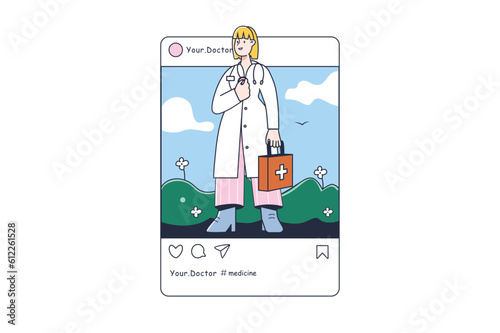 Doctor Instagram post concept with people scene in the flat cartoon design. The doctor hurries to the patient. Vector illustration.