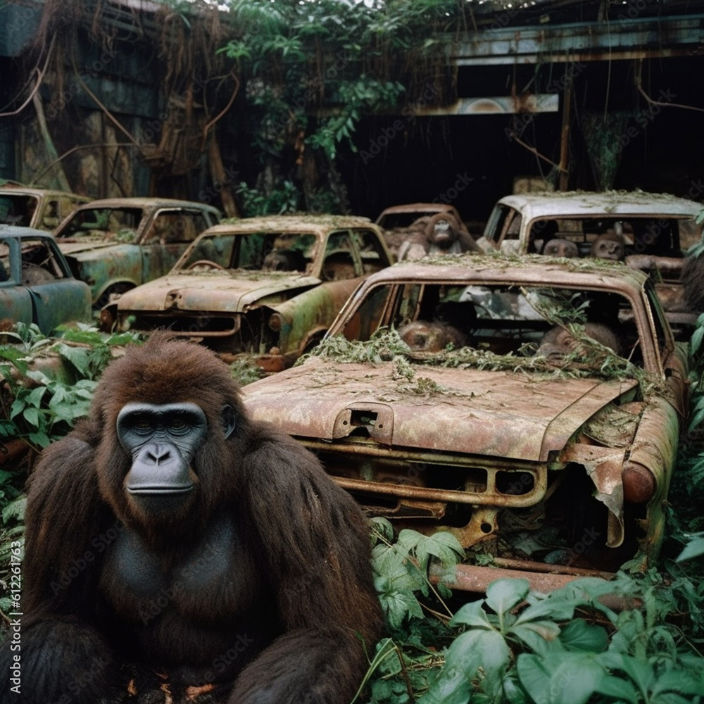 Gorilla with rusted cars on a parking spot in the jungle, disaster for