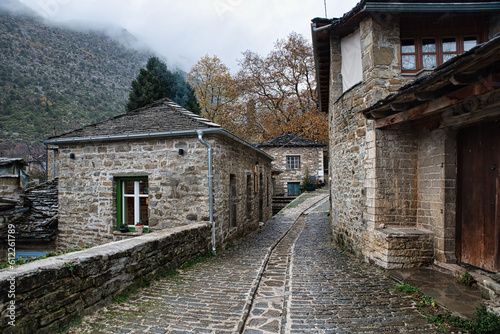 Tsepelovo village, one of the most famous in zagorochoria on a beautiful winter rainy day, Ioannina, Epirus, Greece