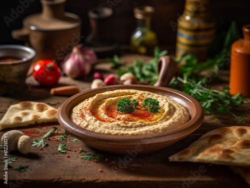 hummus topped with olive oil, paprika, and parsley, served on a rustic wooden table photo