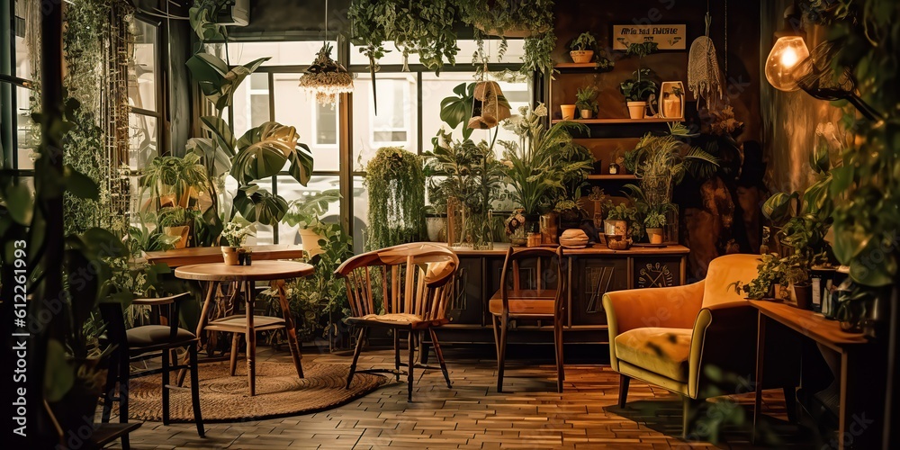 AI Generated. AI Generative. Indoor interior cozy luxury retro wooden cafe coffee shop with plants. Graphic Art