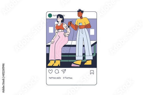 Tattoo salon Instagram post concept with people scene in the flat cartoon design. The girl came to the tattoo parlor to get a new tattoo. Vector illustration.