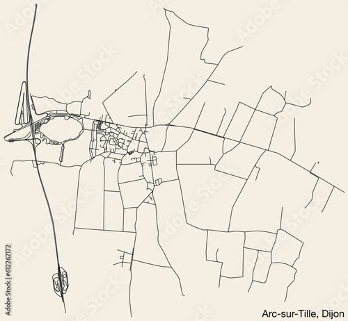Detailed hand-drawn navigational urban street roads map of the ARC-SUR-TILLE QUARTER of the French city of DIJON  France with vivid road lines and name tag on solid background