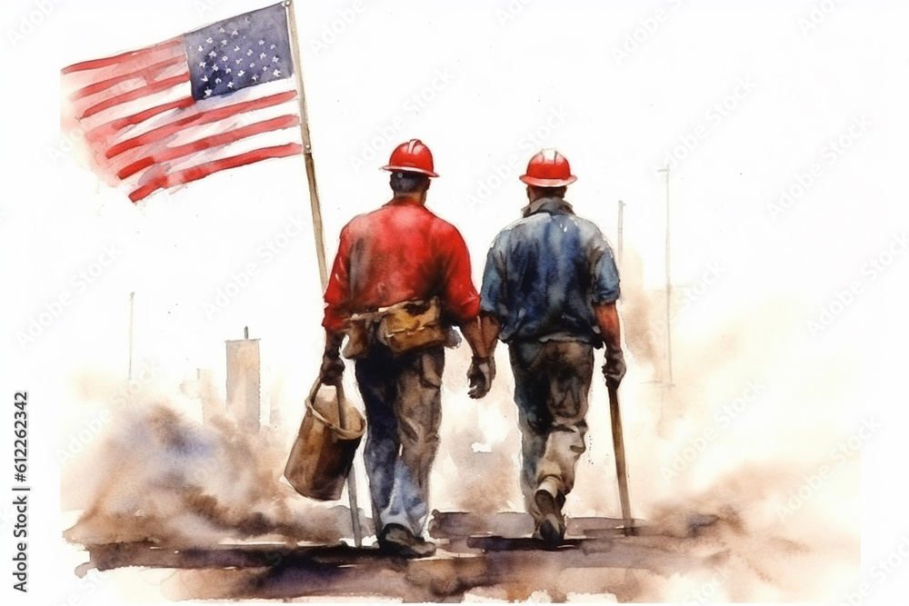 Labour day, men at work, american flag, handyman worker with tools, generative AI