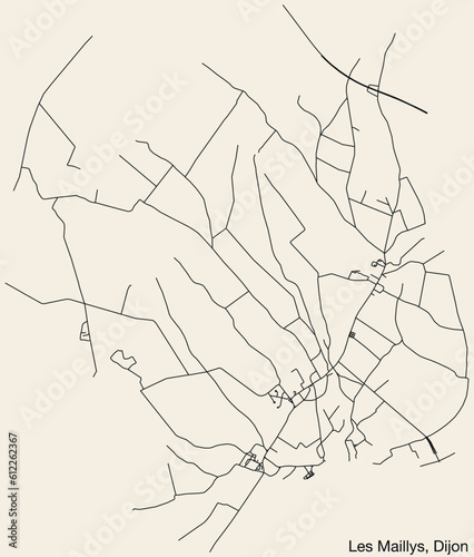 Detailed hand-drawn navigational urban street roads map of the LES MAILLYS QUARTER of the French city of DIJON, France with vivid road lines and name tag on solid background