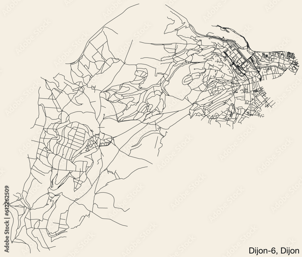 Detailed hand-drawn navigational urban street roads map of the DIJON-6 CANTON of the French city of DIJON, France with vivid road lines and name tag on solid background