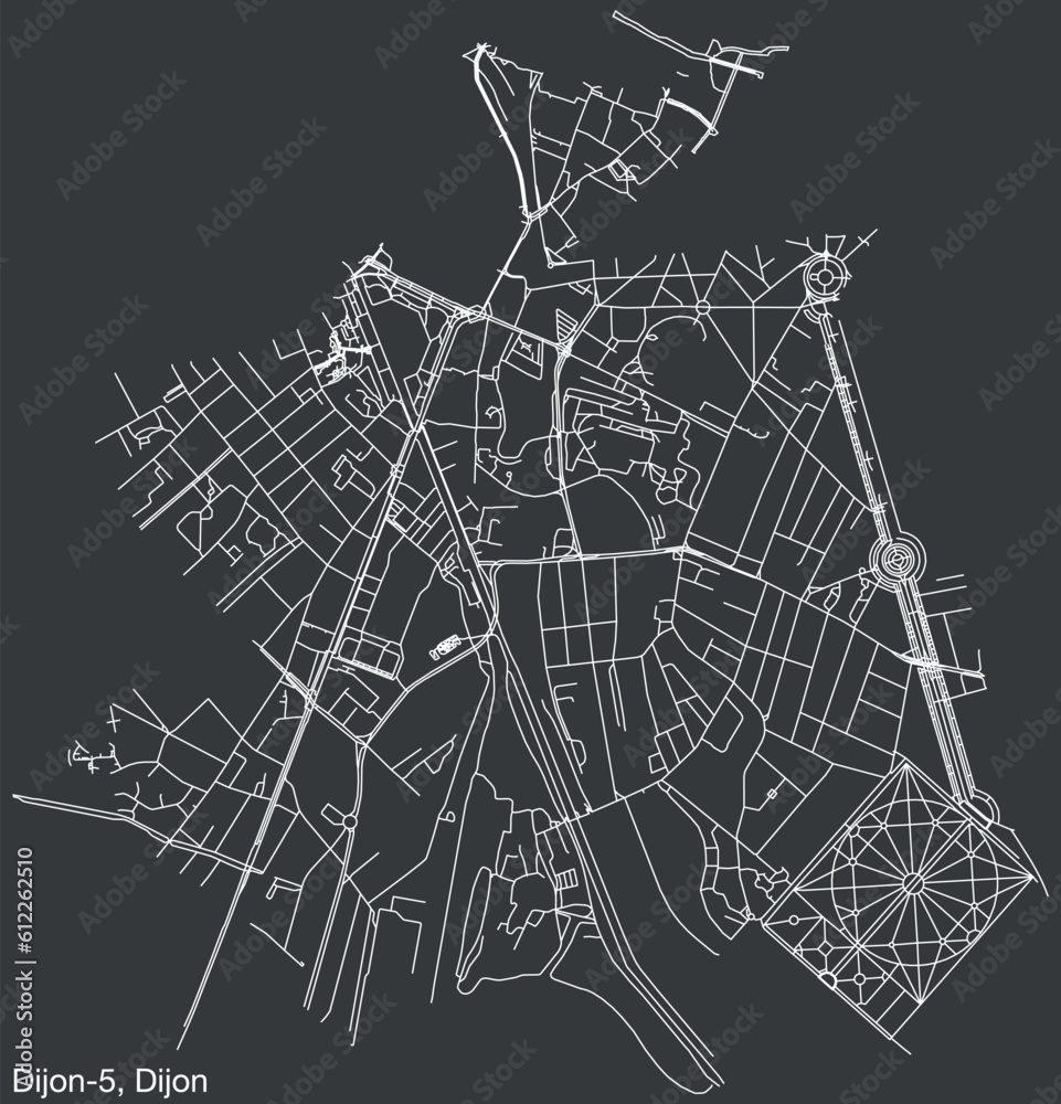 Detailed hand-drawn navigational urban street roads map of the DIJON-5 CANTON of the French city of DIJON, France with vivid road lines and name tag on solid background