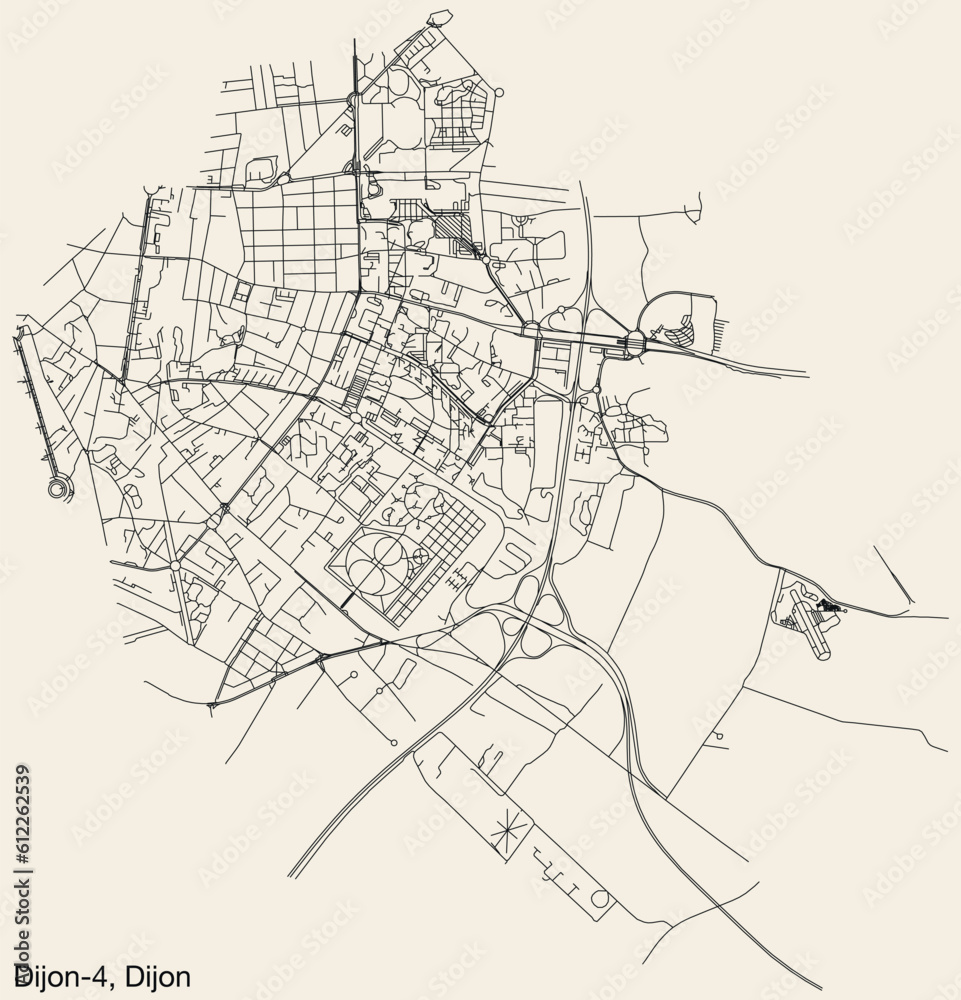 Detailed hand-drawn navigational urban street roads map of the DIJON-4 CANTON of the French city of DIJON, France with vivid road lines and name tag on solid background