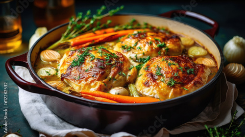 A photo of a delicious dish of Poule Au pot farcie , Generative Ai