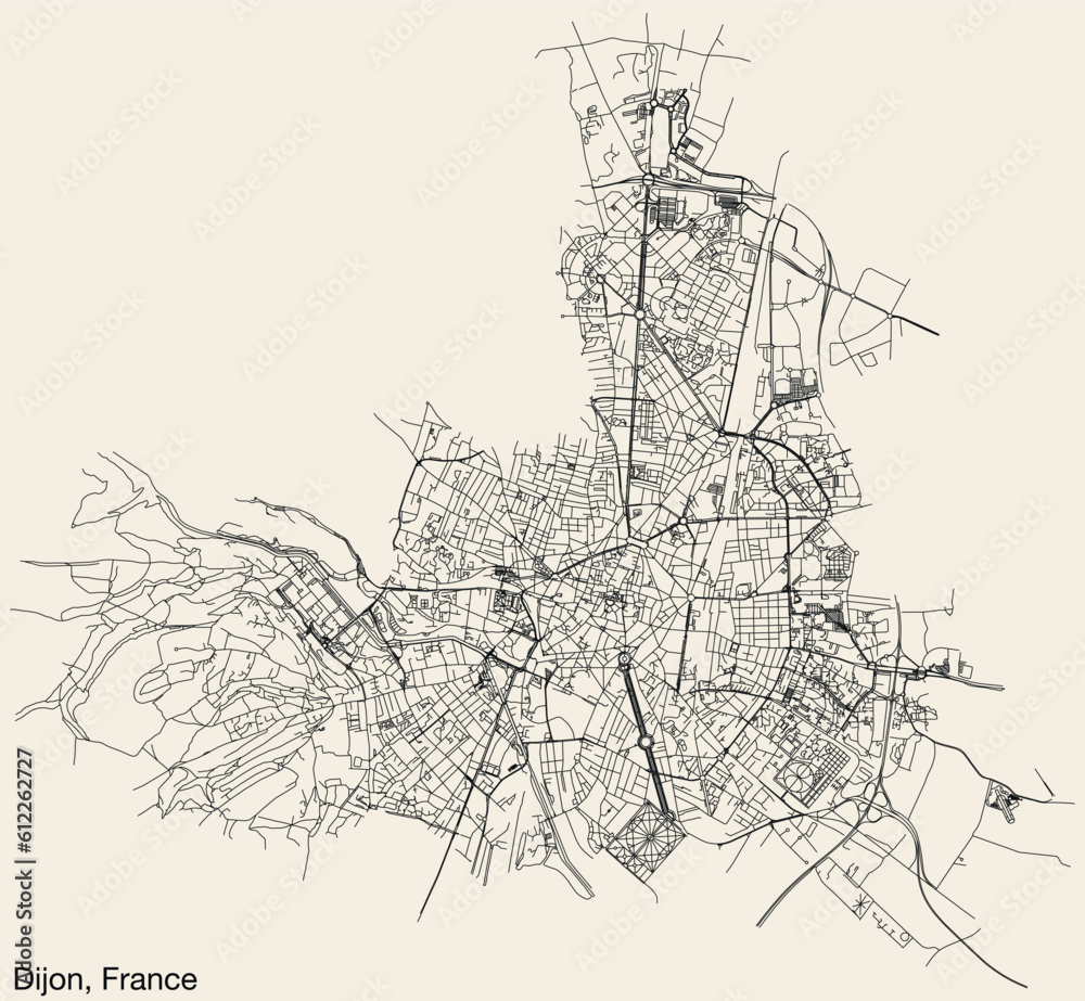 Detailed hand-drawn navigational urban street roads map of the French city of DIJON, FRANCE with solid road lines and name tag on vintage background