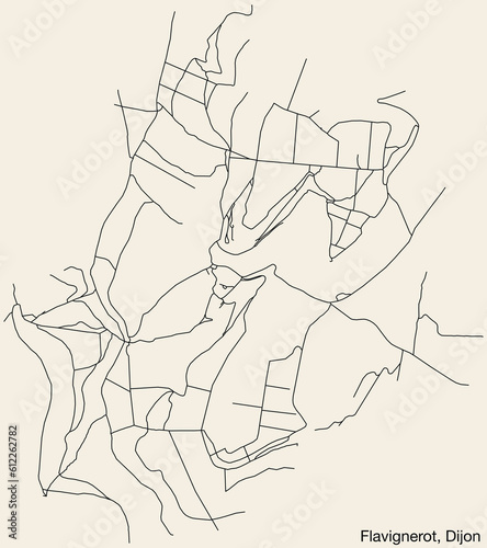 Detailed hand-drawn navigational urban street roads map of the FLAVIGNEROT QUARTER of the French city of DIJON  France with vivid road lines and name tag on solid background